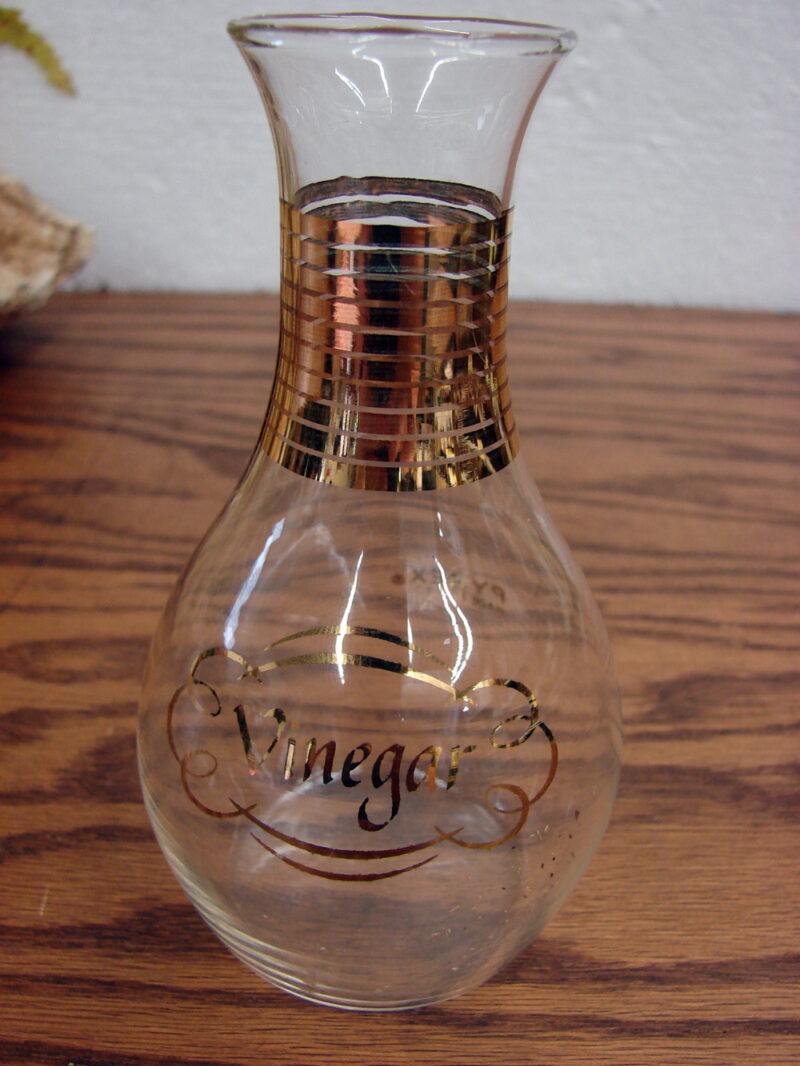 Vintage PYREX Clear Glass Gold Stripe Vinegar Cruet no Lid Cute Vase, Moose-R-Us.Com Antiques Collectibles Log Cabin Decor