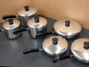 Vintage Copper Bottom Revere Ware 12 Piece Set 3 Sauce 3 Fry Pans w/ Lids