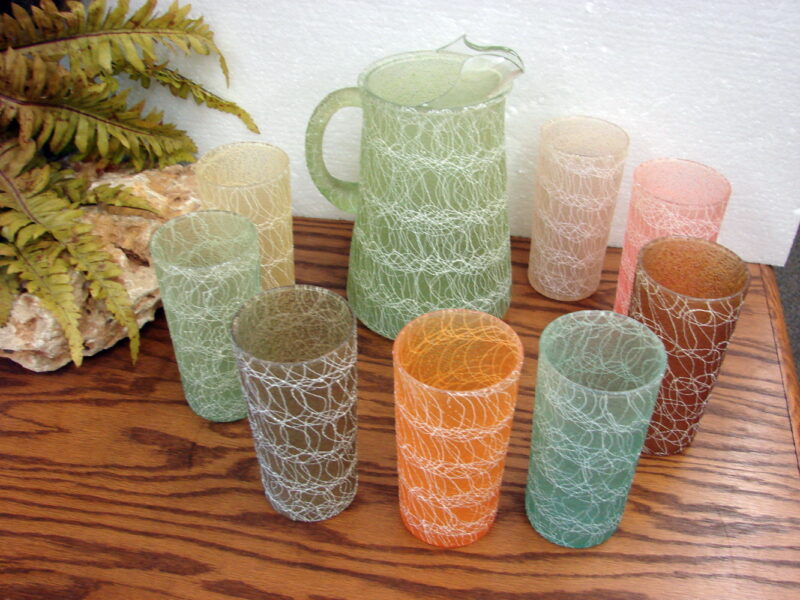 Vintage Color Craft Spaghetti String MCM 8 High Ball Drinking Glasses + Pitcher, Moose-R-Us.Com Antiques Collectibles Log Cabin Decor