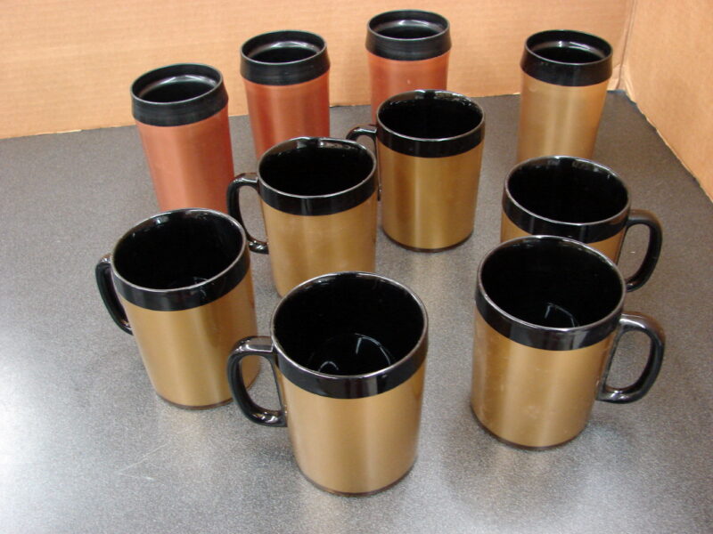 West Bend Thermo Serv 10 pc Lot Mugs and Tumblers Gold/Copper Tone, Moose-R-Us.Com Antiques Collectibles Log Cabin Decor