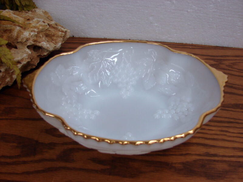 Vintage Fire King Milk Glass Gold Grape Deep Bowl Tab Handles, Moose-R-Us.Com Log Cabin Decor