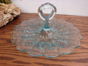 Vintage Jeanette Glass 12" Tidbit Tray with Center Handle Blue Feather