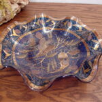 Vintage MCM Houze Art Glass Ruffled Edge Mosaic Pheasant Pair Decorative Bowl