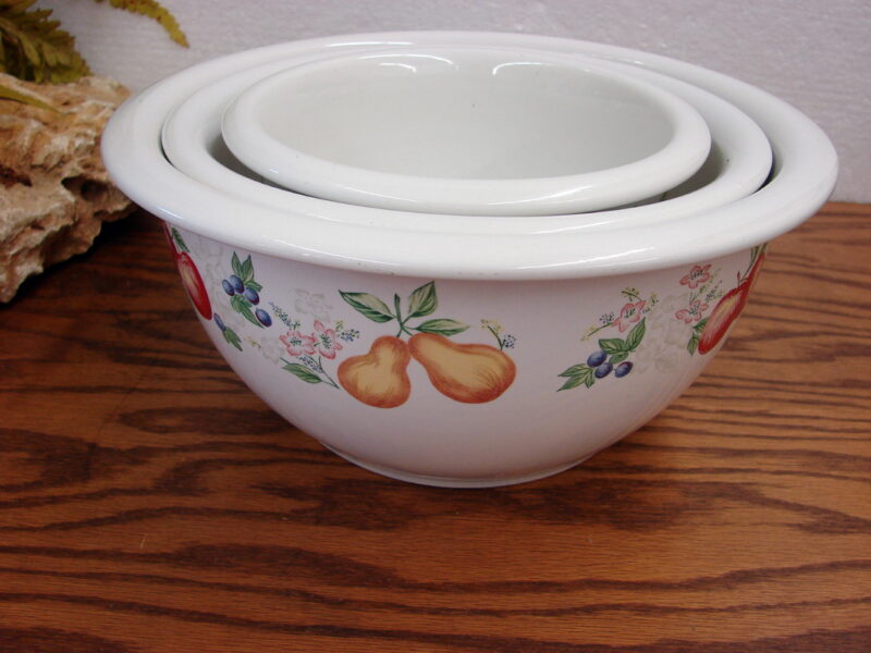 Vintage Corning Ware Chutney Fruit Theme Set/3 Stoneware Mixing Nesting Serving Bowls, Moose-R-Us.Com Log Cabin Decor