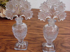 Set/2 Vintage Imperial Glass Crystal Sunflower Perfume w/ Glass Stopper 10"