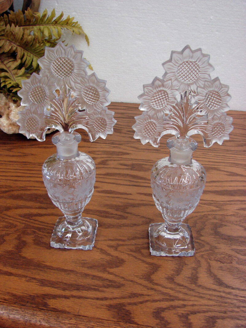 Set/2 Vintage Imperial Glass Crystal Sunflower Perfume w/ Glass Stopper 10&#8243;, Moose-R-Us.Com Antiques Collectibles Log Cabin Decor