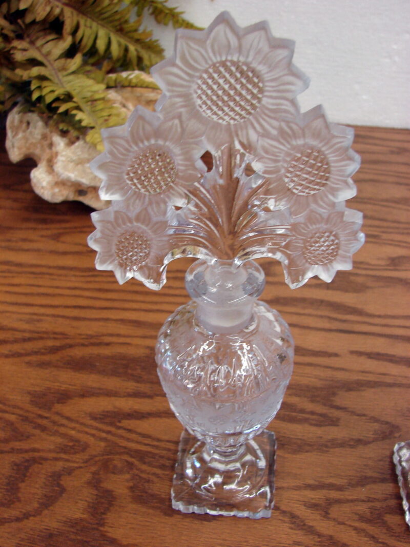Set/2 Vintage Imperial Glass Crystal Sunflower Perfume w/ Glass Stopper 10&#8243;, Moose-R-Us.Com Antiques Collectibles Log Cabin Decor