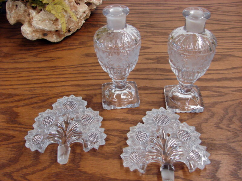 Set/2 Vintage Imperial Glass Crystal Sunflower Perfume w/ Glass Stopper 10&#8243;, Moose-R-Us.Com Antiques Collectibles Log Cabin Decor
