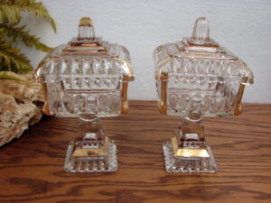 Set/2 Vintage Jeanette Clear Glass Square Pedestal Candy Dish W/ Lid Wedding Box Gold