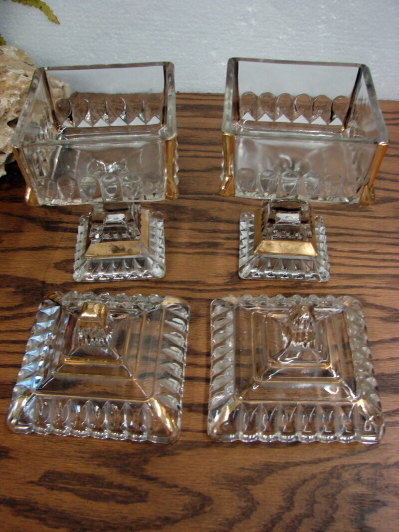 Set/2 Vintage Jeanette Clear Glass Square Pedestal Candy Dish W/ Lid Wedding Box Gold, Moose-R-Us.Com Log Cabin Decor