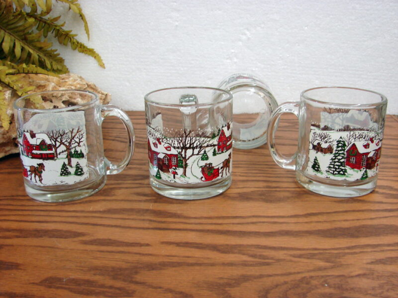 Set/4 Vintage Libbey Currier and Ives Christmas Glass Mugs Winter Snow Scene, Moose-R-Us.Com Antiques Collectibles Log Cabin Decor