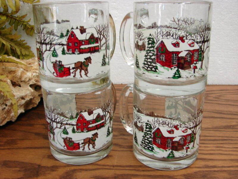Set/4 Vintage Libbey Currier and Ives Christmas Glass Mugs Winter Snow Scene, Moose-R-Us.Com Antiques Collectibles Log Cabin Decor
