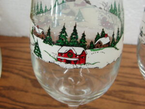 Set/4 Vintage Libbey Winter Village  Currier and Ives Christmas Wine Water Goblet Glasses