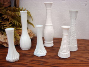 Vintage Milk Glass Set/6 Long Stem Bud Vases Hooser Anchor Hocking