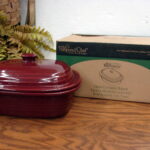 The Pampered Chef Cranberry Deep Covered Baker Stoneware Roaster #1321 Box