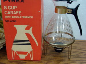 Vintage PYREX Gold Trim MCM Coffee Carafe Warmer #4608 Stripes w/ Box