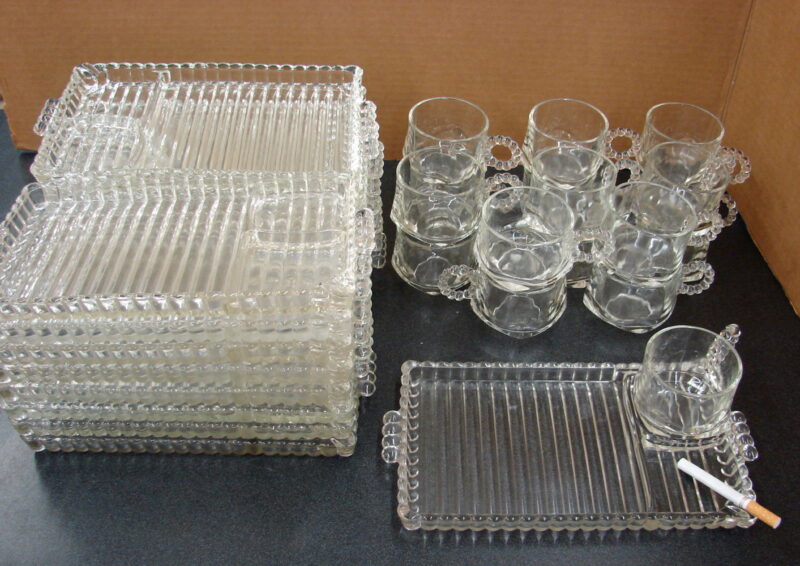 Set/8 Vintage MCM Hazel Atlas Sip Smoke Snack Luncheon 4 Trays 4 Cups, Moose-R-Us.Com Log Cabin Decor