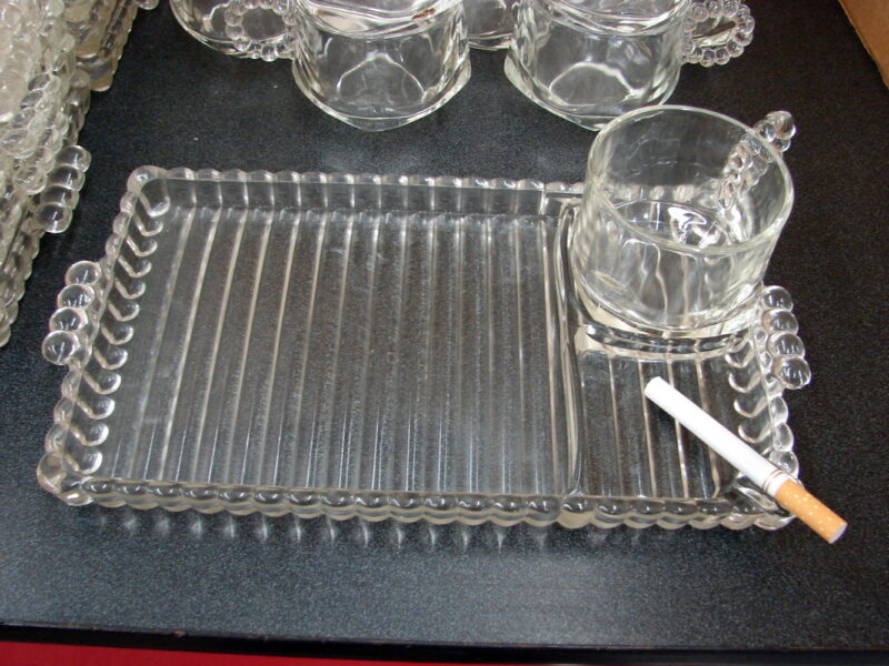 Set/8 Vintage MCM Hazel Atlas Sip Smoke Snack Luncheon 4 Trays 4 Cups, Moose-R-Us.Com Log Cabin Decor