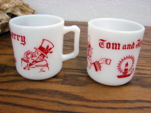Set/2 Vintage Hazel Atlas Currier Ives Tom Jerry Egg Nog Milk Glass Punch Bowl All Red Cups