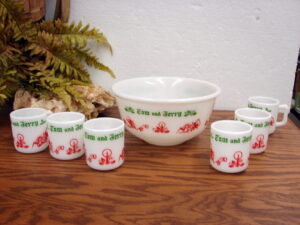Vintage Hazel Atlas Currier Ives Tom Jerry Egg Nog Milk Glass Punch Bowl Green Lettering Red Scene Set