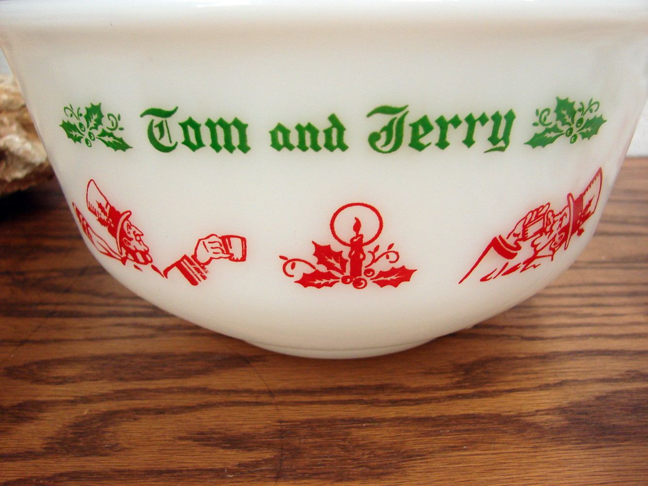 Vintage Hazel Atlas Currier Ives Tom Jerry Egg Nog Milk Glass Punch Bowl Green Lettering Red Scene Set - Image 2