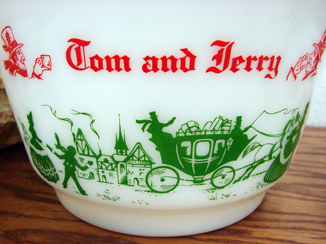 Vintage Hazel Atlas Currier Ives Tom Jerry Egg Nog Milk Glass Punch Bowl Red Lettering Green Scene Set - Image 2