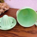 Vintage Jeanette Glass Green Jadeite Measuring Pitcher Juicer Set - Image 2