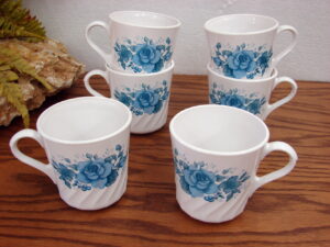 Vintage Corelle Blue Velvet Rose Set/6 Swirl Coffee Cups