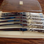 Vintage Set/6 Briddel Carvel Hall Silver Overlay Steak Knives in Box