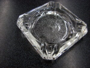 Vintage Retro Crystal Glass Clear Ashtray w/ Geometric Impressed Design