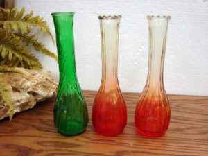 Set/3 Vintage Jeanette Hooser Glass 9" Long Stem Bud Vases Amberina Emerald