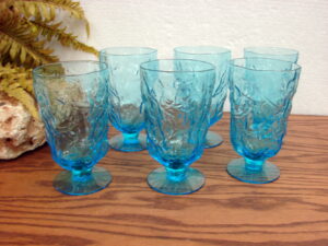 Vintage 6 pc Set Seneca Driftwood Peacock Blue Royal Morgantown Crinkle Footed Glasses
