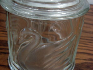 Vintage Frosted Clear Glass Gloria Vanderbilt Swan Cattails Embossed Lidded Jar