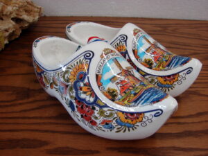 Vintage Made in Holland White Windmill Rosemaling Wood Clogs Dutch Wooden Shoes