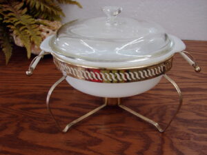 Vintage Fire King Milk Glass Casserole with Space Ship Carrier Rack Stand