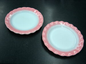 Vintage Hazel Atlas Crinoline 9" Pink Ruffle Plate Set/2 Milk Glass