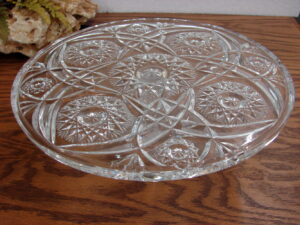 Vintage Heavy Crystal Pressed Glass Horseshoe Star Burst Pedestal Cake Stand