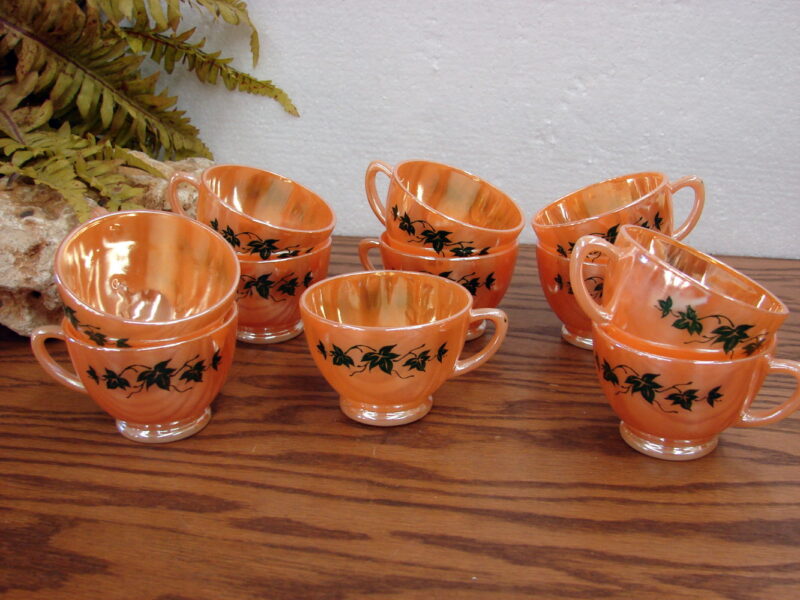 Vintage Fire King Peach Lustre Green Ivy Punch Coffee Cups Set/11, Moose-R-Us.Com Antiques Collectibles Log Cabin Decor