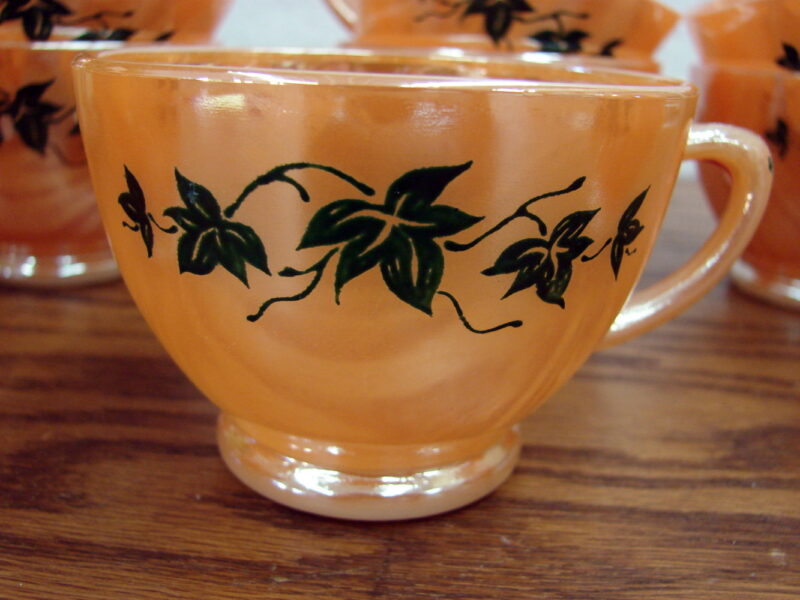 Vintage Fire King Peach Lustre Green Ivy Punch Coffee Cups Set/11, Moose-R-Us.Com Antiques Collectibles Log Cabin Decor