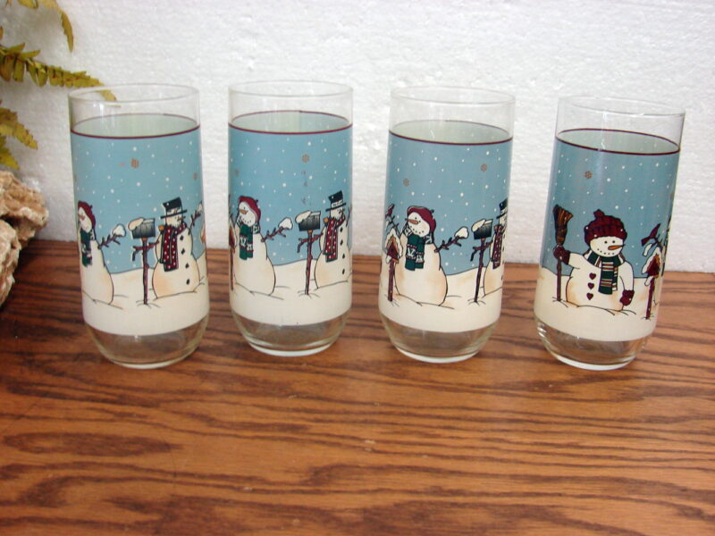 Set/4 Snowmen Serenade II 14 Oz Tumblers Glassware by MEIWA Winter Glasses, Moose-R-Us.Com Antiques Collectibles Log Cabin Decor