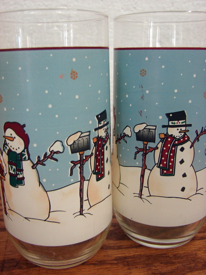 Set/4 Snowmen Serenade II 14 Oz Tumblers Glassware by MEIWA Winter Glasses, Moose-R-Us.Com Antiques Collectibles Log Cabin Decor