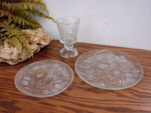 Vintage Indiana Glass Clear Tiara Ponderosa Pine Embossed Footed 9&#8243; Serving Bowl, Moose-R-Us.Com Log Cabin Decor