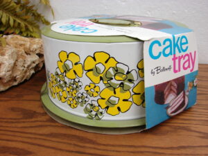 Vintage NOS Retro Ballonoff Tin Cake Holder Yellow Green Floral Metal