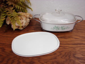 Corning Callaway Green Ivy Corelle Casserole Oval Ribbed w/ Cradle Storage and Glass Pyrex Lid
