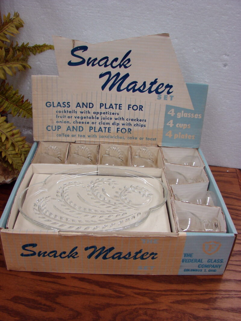 Vintage Federal Glass Homestead Master Snack Set Wheat Bridal Pattern Original Box, Moose-R-Us.Com Antiques Collectibles Log Cabin Decor