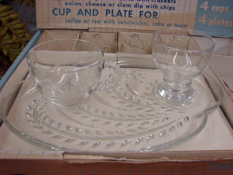 Vintage Federal Glass Homestead Master Snack Set Wheat Bridal Pattern Original Box, Moose-R-Us.Com Antiques Collectibles Log Cabin Decor