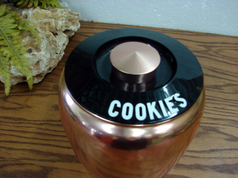 Vintage 1950&#8217;s Kromex Copper Cookie Jar NOS Label Sticker Never Used, Moose-R-Us.Com Antiques Collectibles Log Cabin Decor