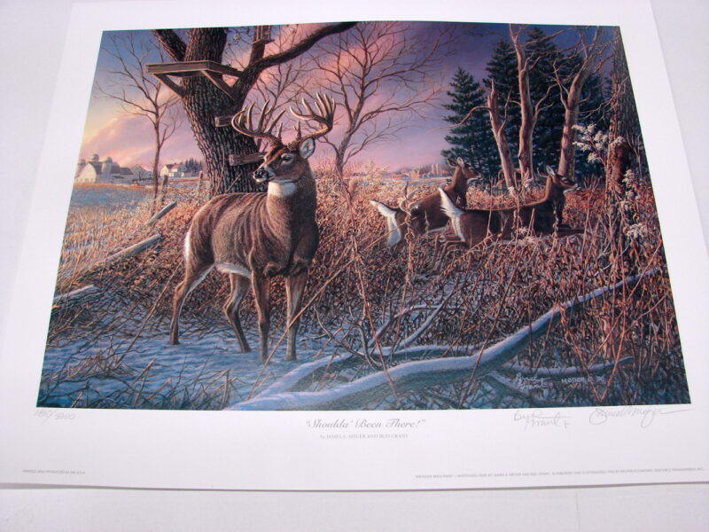 NOS Print James Meger Bud Grant Whitetail Deer Shoulda Been There, Moose-R-Us.Com Log Cabin Decor