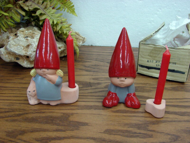 Vintage Lisa Larson Design Stoneware Gnome Tomte Candle Holder Pair w/ Cat, Moose-R-Us.Com Antiques Collectibles Log Cabin Decor