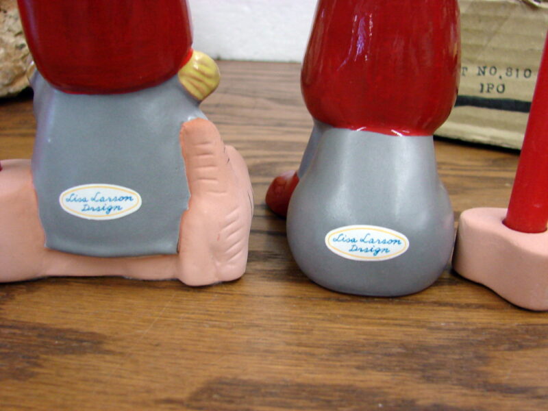 Vintage Lisa Larson Design Stoneware Gnome Tomte Candle Holder Pair w/ Cat, Moose-R-Us.Com Antiques Collectibles Log Cabin Decor